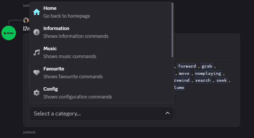 l7n.fm command menu inside Discord