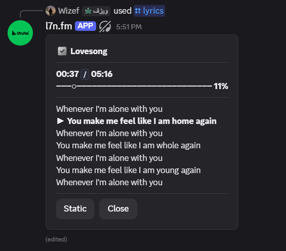 l7n.fm lyrics interface in Discord
