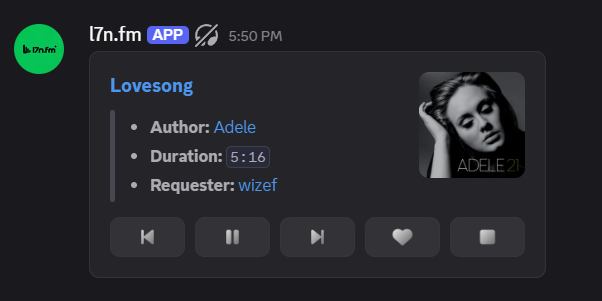 l7n.fm Now Playing interface in Discord